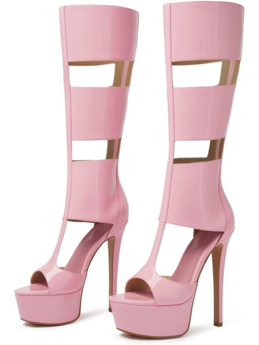 Women's Pink Faux Leather Summer Open Toe Sexy Style Casual Knee High Heels